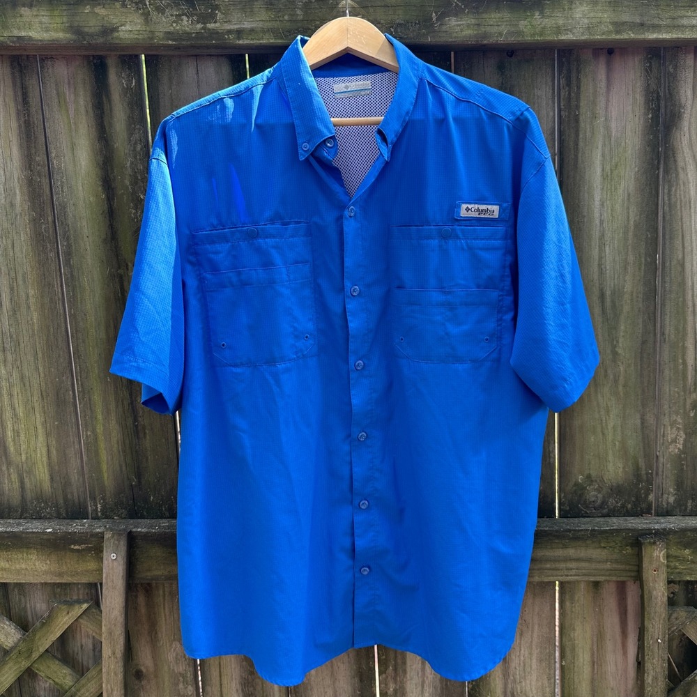 Columbia PFG‎ Tamiami II Blue Short Sleeve Fishing Shirt Sz XL Ripstop Gorpcore - Picture 2 of 10